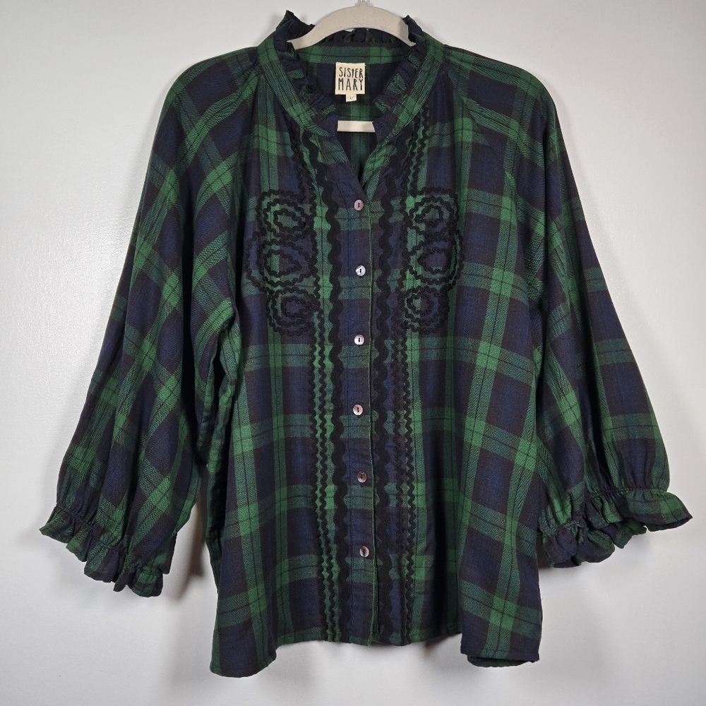 Sister Mary Green Plaid Trimmed Button Down Cotton Prairie Blouse Top Size Large